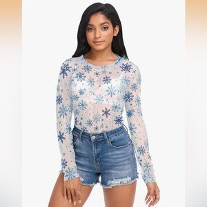 NWT: Blue Snowflake Print Sheer Mesh Top